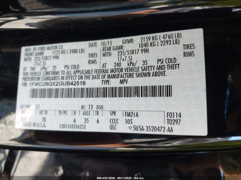 2016 Ford Escape Se VIN: 1FMCU9GX2GUB42518 Lot: 43212526