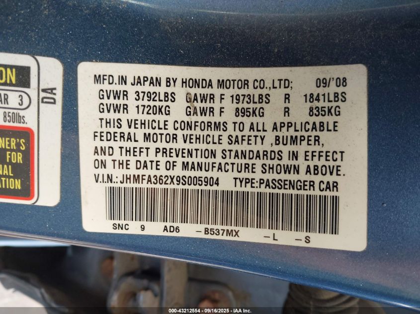 2009 Honda Civic Hybrid VIN: JHMFA362X9S005904 Lot: 43212554