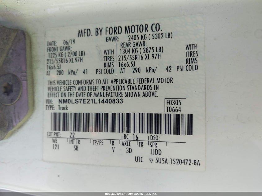 2020 FORD TRANSIT CONNECT XL CARGO VAN - NM0LS7E21L1440833