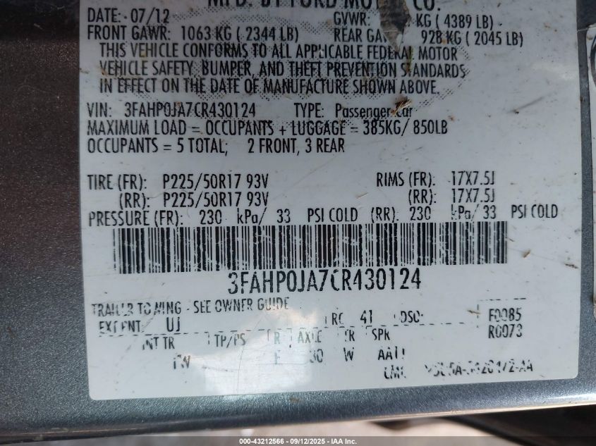 2012 Ford Fusion Sel VIN: 3FAHP0JA7CR430124 Lot: 43212566