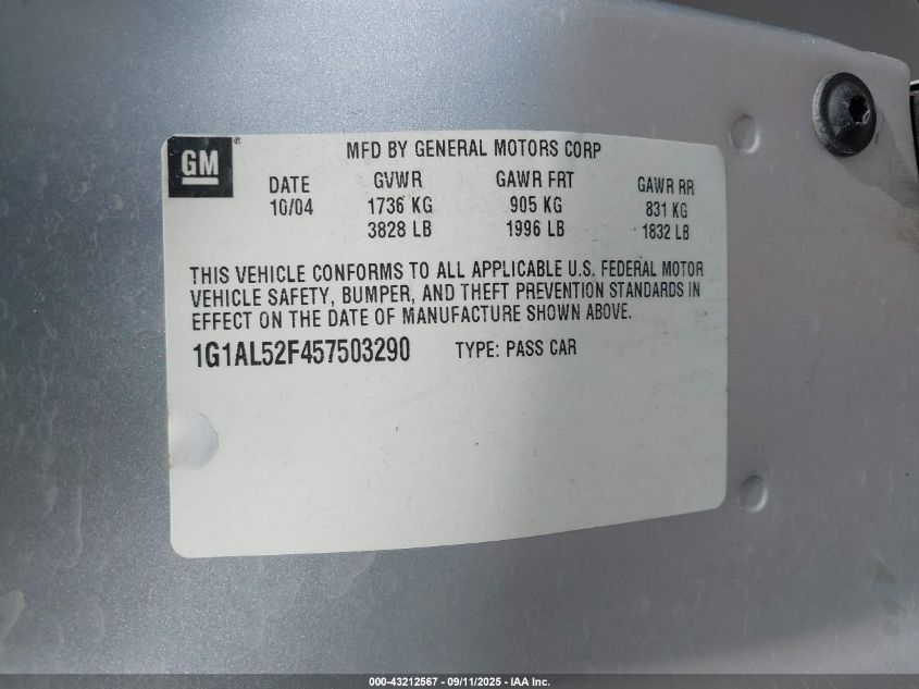 2005 Chevrolet Cobalt Ls VIN: 1G1AL52F457503290 Lot: 43212567