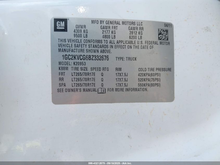2011 Chevrolet Silverado 2500Hd Work Truck VIN: 1GC2KVCG6BZ332676 Lot: 43212579