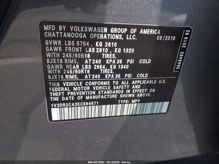 2019 Volkswagen Atlas 3.6L V6 Se VIN: 1V2DR2CA2KC584571 Lot: 43212592