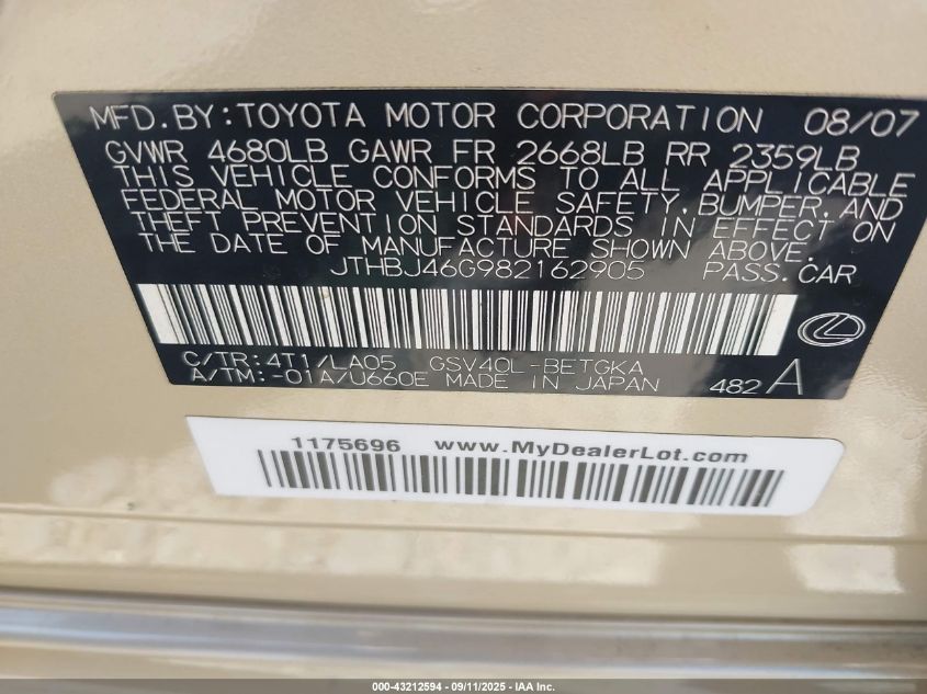 2008 Lexus Es 350 VIN: JTHBJ46G982162905 Lot: 43212594