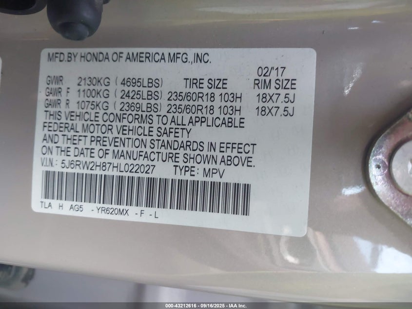 2017 HONDA CR-V EXL - 5J6RW2H87HL022027