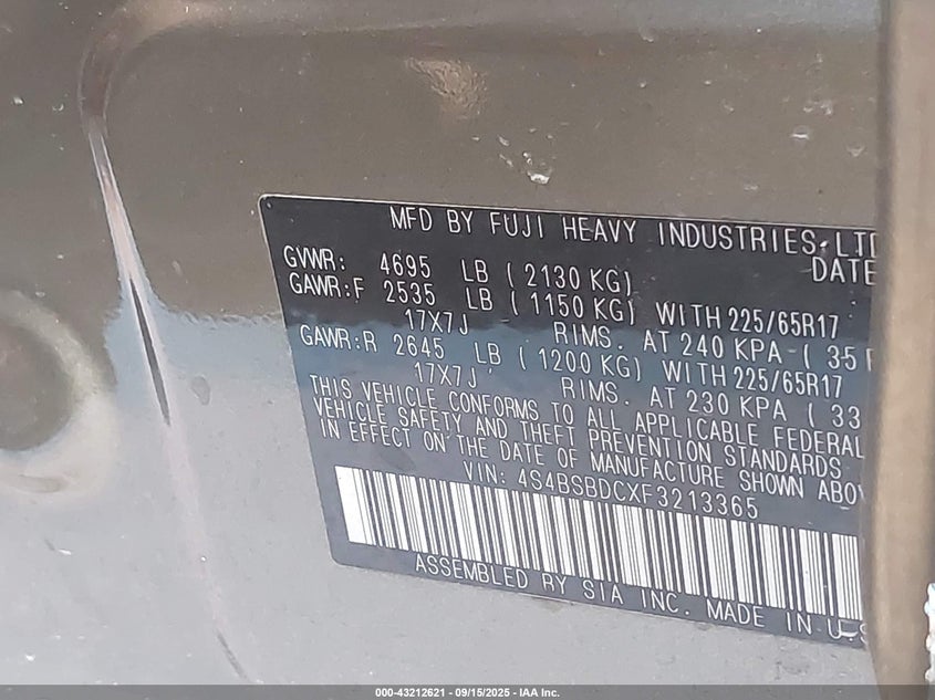 2015 SUBARU OUTBACK 2.5I PREMIUM 4S4BSBDCXF3213365