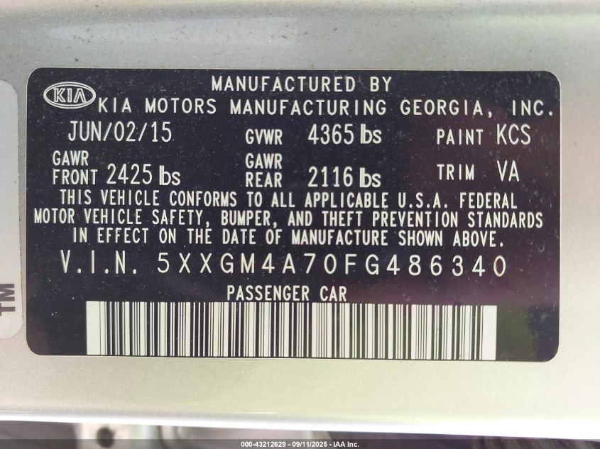 2015 Kia Optima Lx VIN: 5XXGM4A70FG486340 Lot: 43212629