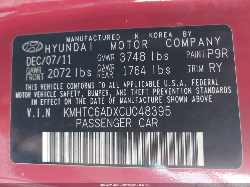 2012 Hyundai Veloster Base W/Gray VIN: KMHTC6ADXCU048395 Lot: 43212638