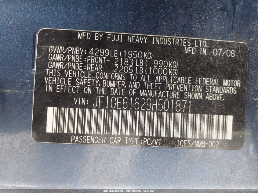 2009 Subaru Impreza 2.5I VIN: JF1GE61629H501871 Lot: 43212658