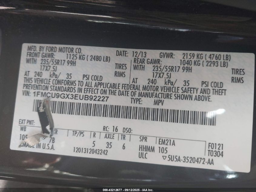 2014 Ford Escape Se VIN: 1FMCU9GX3EUB92227 Lot: 43212677