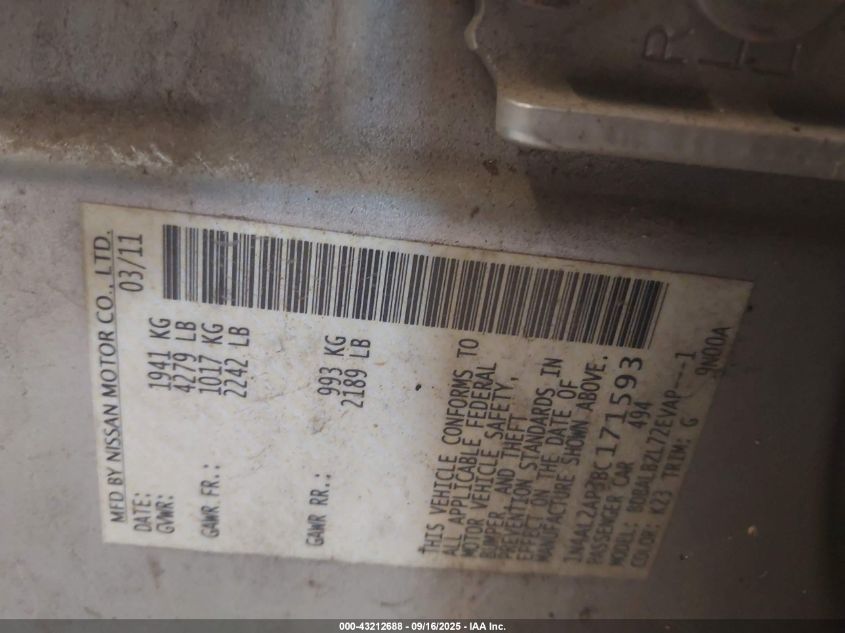 2011 Nissan Altima 2.5 S VIN: 1N4AL2AP3BC171593 Lot: 43212688