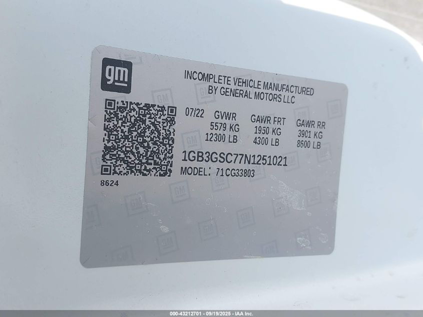 2022 Chevrolet Express Cutaway Work Van VIN: 1GB3GSC77N1251021 Lot: 43212701