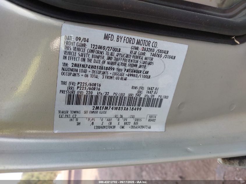 2005 Mercury Grand Marquis Gs VIN: 2MEFM74W85X618499 Lot: 43212702