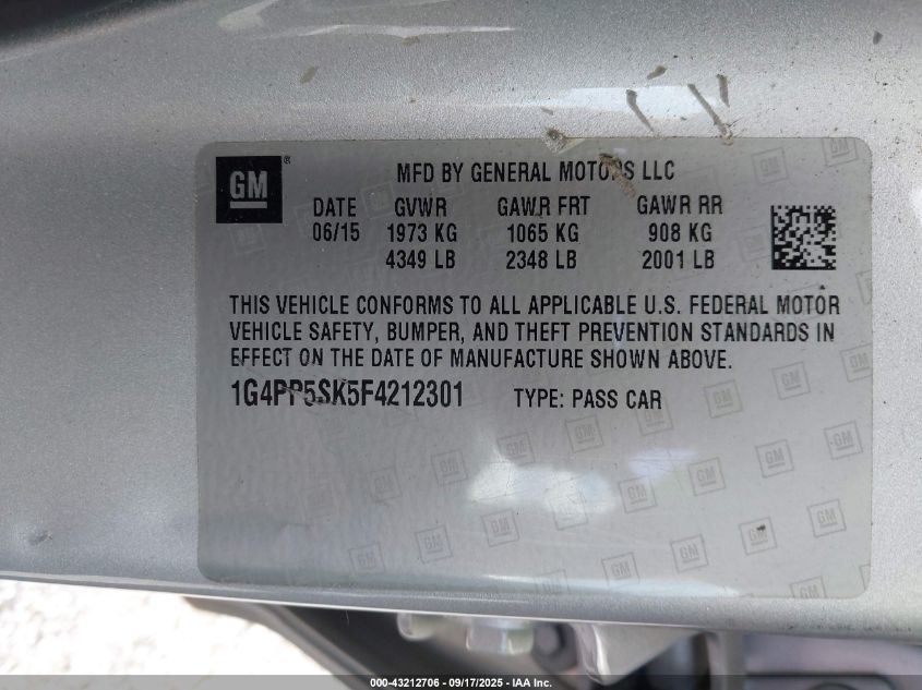 2015 Buick Verano VIN: 1G4PP5SK5F4212301 Lot: 43212706