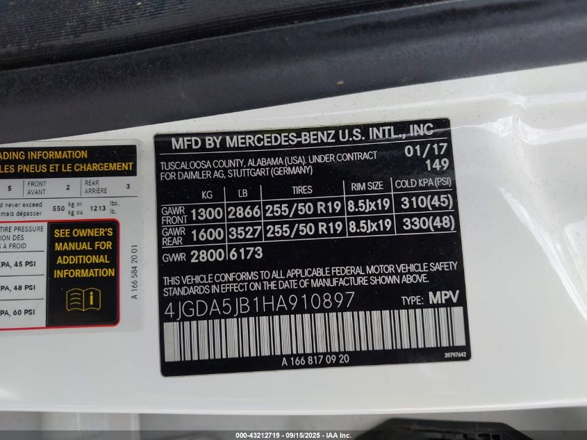 2017 Mercedes-Benz Gle 350 VIN: 4JGDA5JB1HA910897 Lot: 43212719