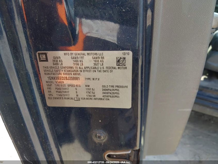 2011 Chevrolet Traverse Ls VIN: 1GNKVEED2BJ258981 Lot: 43212739