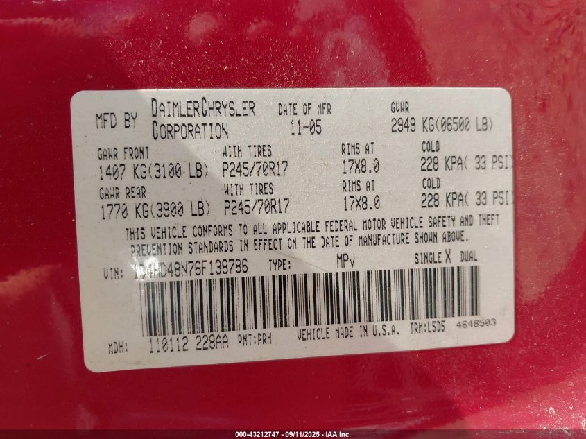 2006 Dodge Durango Slt VIN: 1D4HD48N76F138786 Lot: 43212747