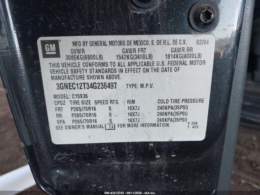 2004 Chevrolet Avalanche 1500 VIN: 3GNEC12T34G236497 Lot: 43212783