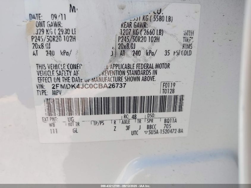 2012 Ford Edge Sel VIN: 2FMDK4JC0CBA26737 Lot: 43212789