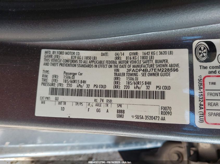 2014 Ford Fiesta Se VIN: 3FADP4BJ7EM228596 Lot: 43212796