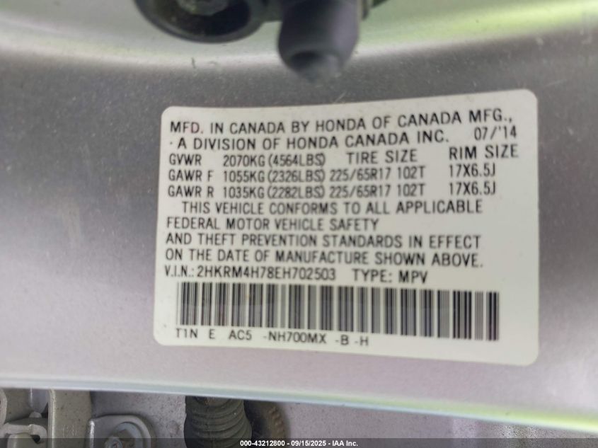 2014 Honda Cr-V Ex-L VIN: 2HKRM4H78EH702503 Lot: 43212800