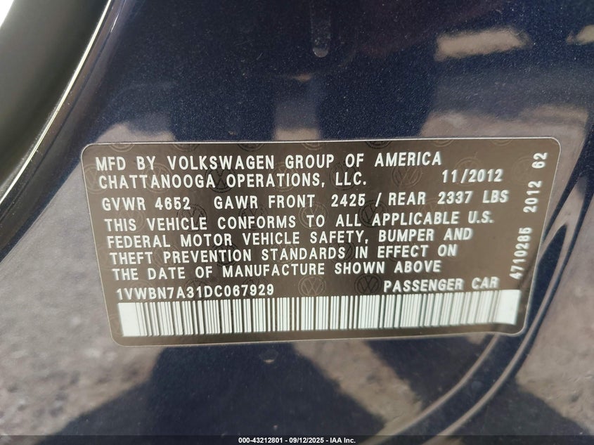2013 VOLKSWAGEN PASSAT 2.0L TDI SE 1VWBN7A31DC067929