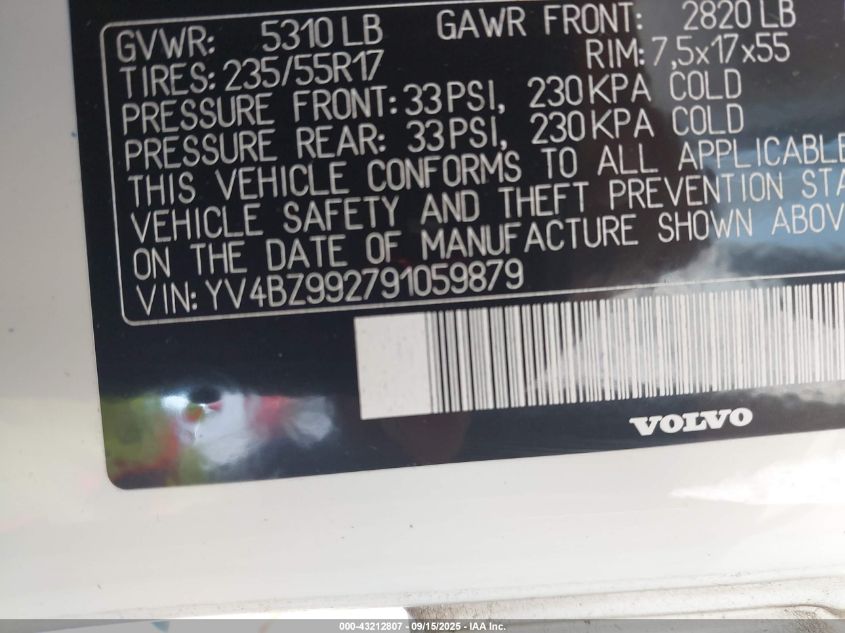 2009 Volvo Xc70 T6 VIN: YV4BZ992791059879 Lot: 43212807