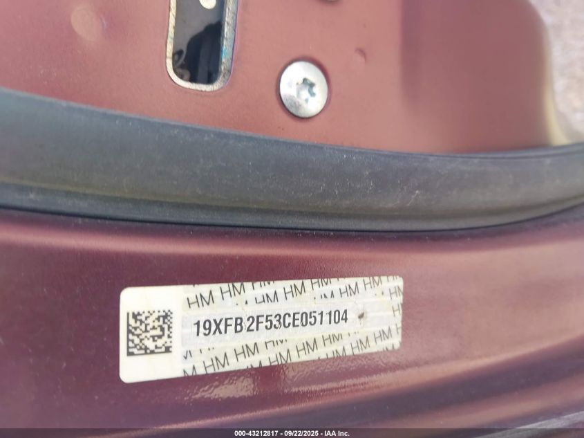 2012 Honda Civic Lx VIN: 19XFB2F53CE051104 Lot: 43212817