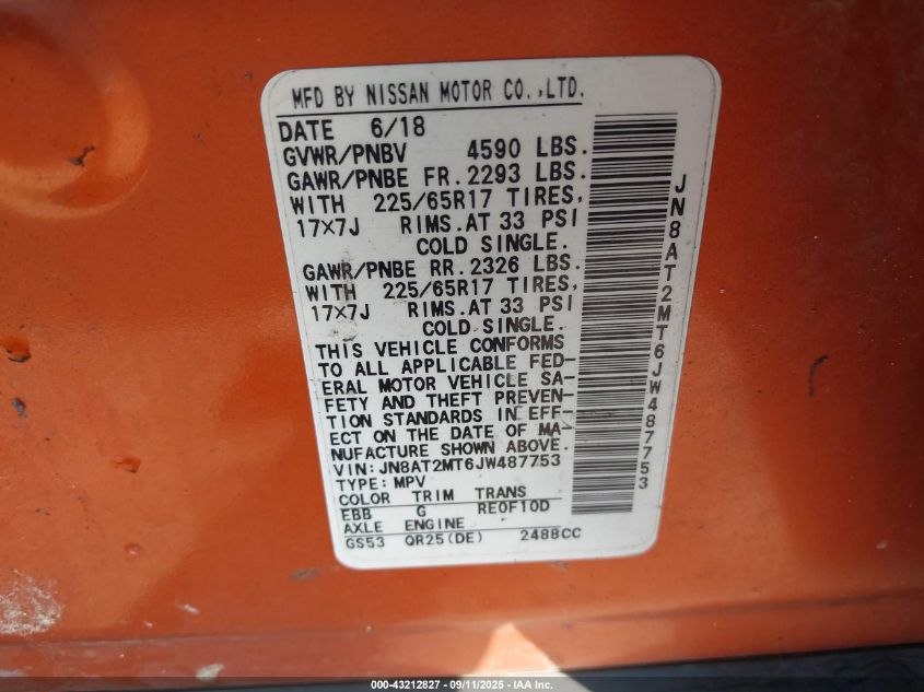 2018 Nissan Rogue Sv VIN: JN8AT2MT6JW487753 Lot: 43212827