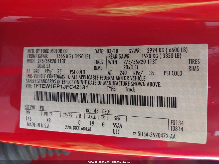 2018 Ford F-150 Xlt VIN: 1FTEW1EP1JFC42181 Lot: 43212833