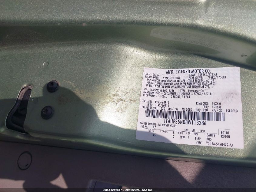 2008 Ford Focus Se/Ses VIN: 1FAHP35N08W113286 Lot: 43212847