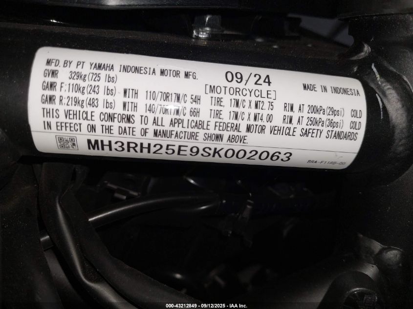 2025 Yamaha Yfz320 A VIN: MH3RH25E9SK002063 Lot: 43212849
