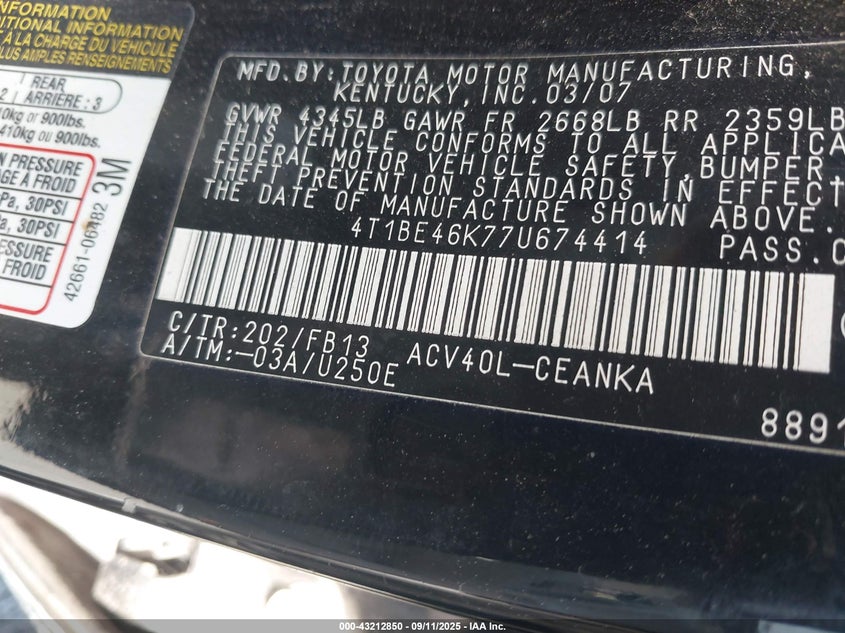 2007 Toyota Camry Le VIN: 4T1BE46K77U674414 Lot: 43212850