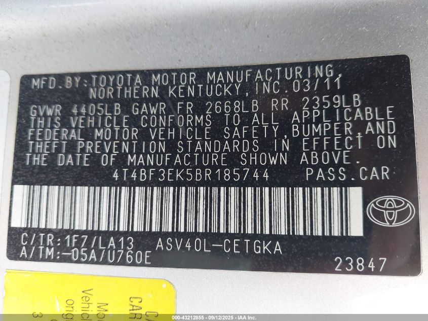 2011 Toyota Camry Xle VIN: 4T4BF3EK5BR185744 Lot: 43212855