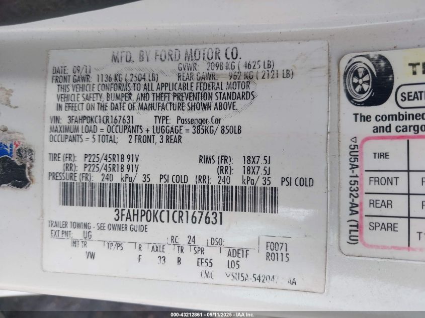 2012 Ford Fusion Sport VIN: 3FAHP0KC1CR167631 Lot: 43212861