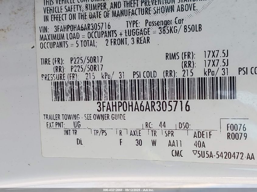 2010 Ford Fusion Se VIN: 3FAHP0HA6AR305716 Lot: 43212868