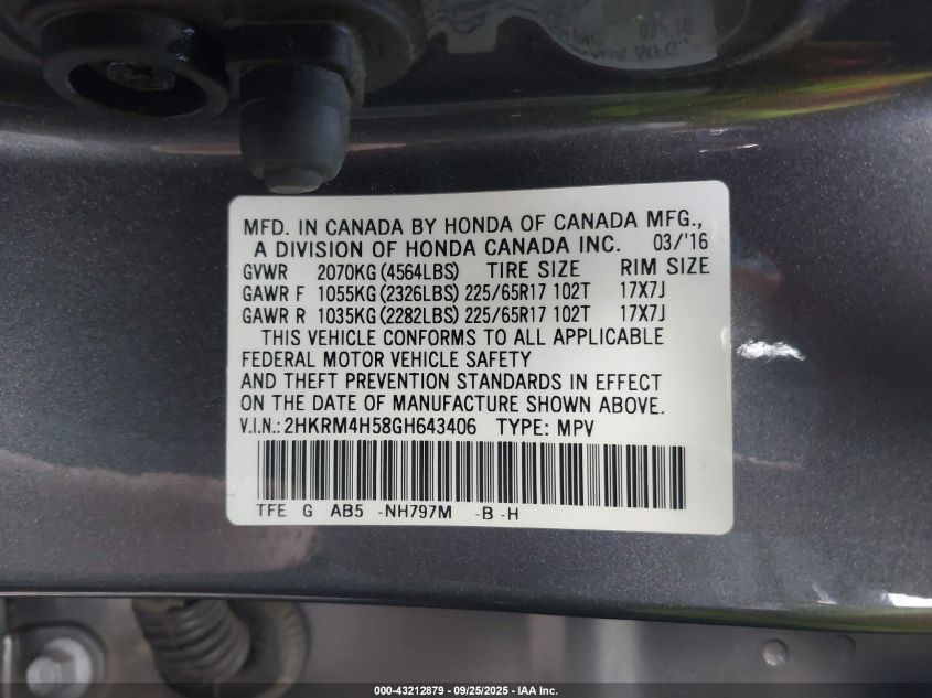 2016 Honda Cr-V Ex VIN: 2HKRM4H58GH643406 Lot: 43212879