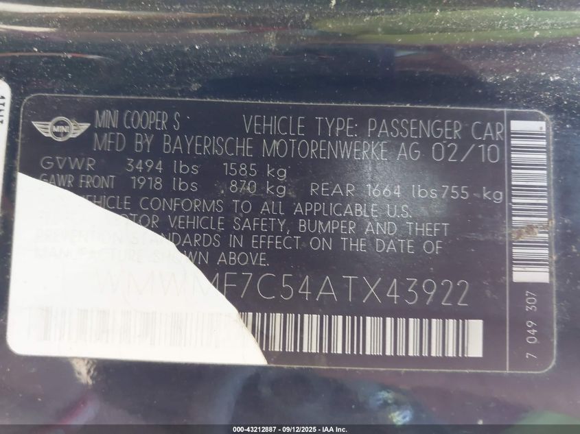 2010 Mini Cooper S VIN: WMWMF7C54ATX43922 Lot: 43212887