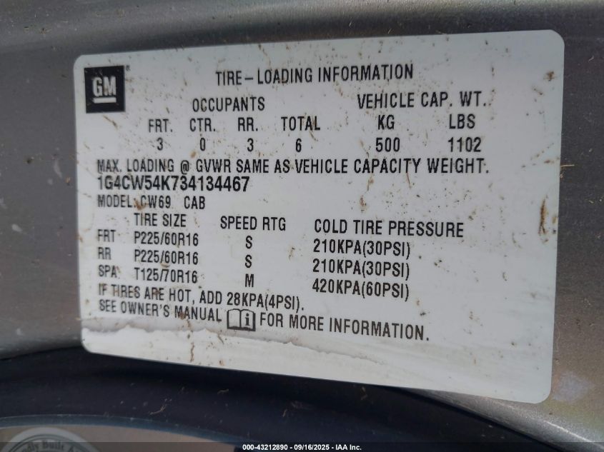 2003 Buick Park Avenue VIN: 1G4CW54K734134467 Lot: 43212890