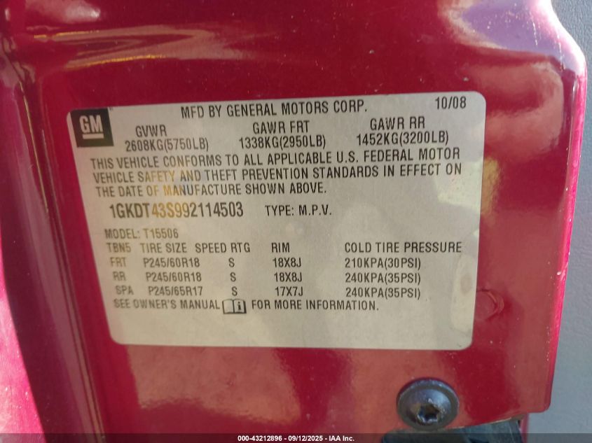 2009 GMC Envoy Slt VIN: 1GKDT43S992114503 Lot: 43212896