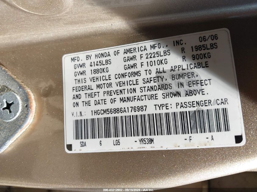 2006 Honda Accord 2.4 Ex VIN: 1HGCM56886A176987 Lot: 43212902