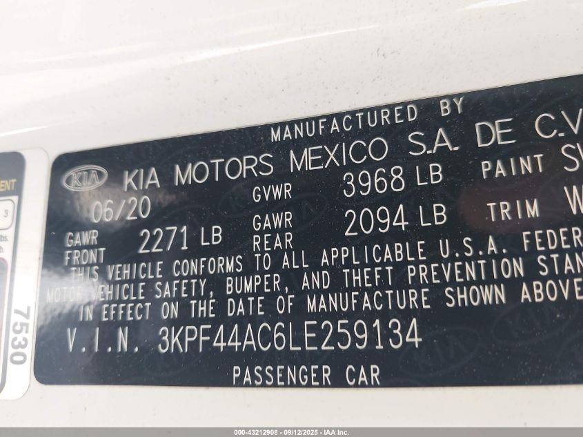 2020 Kia Forte Gt VIN: 3KPF44AC6LE259134 Lot: 43212908