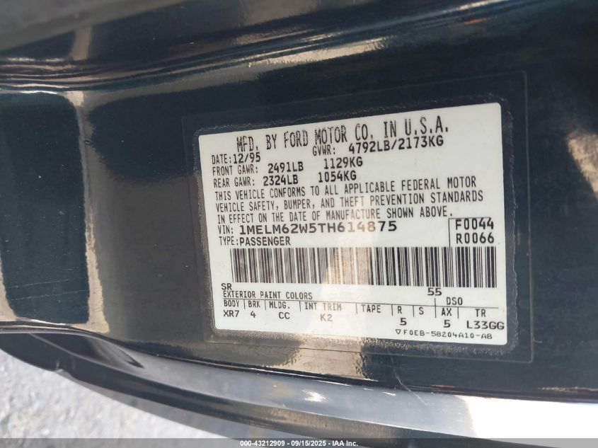 1996 Mercury Cougar Xr7 VIN: 1MELM62W5TH614875 Lot: 43212909