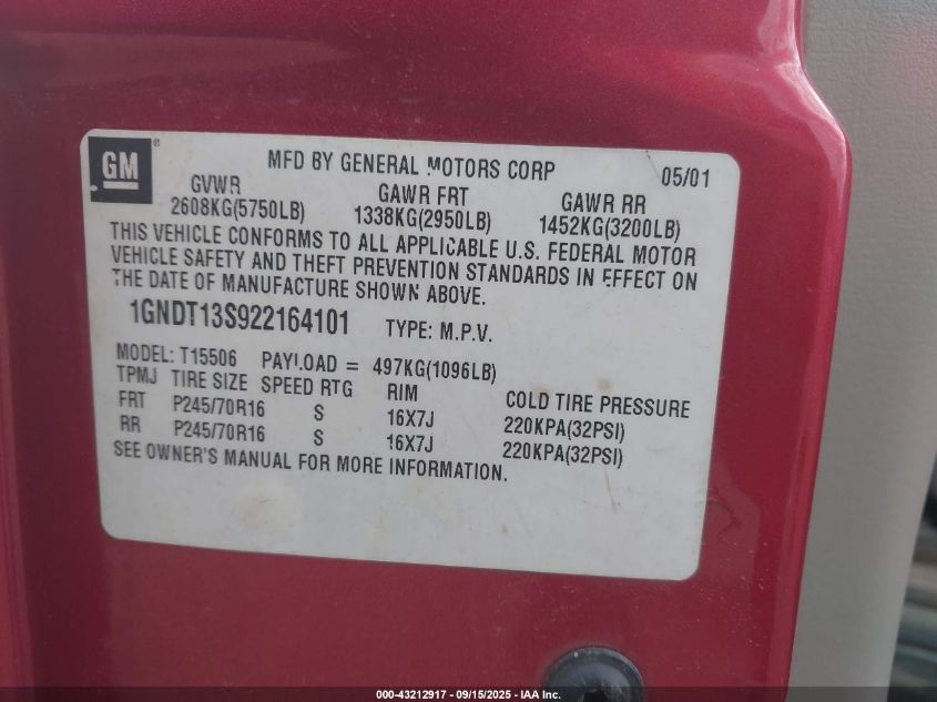 2002 Chevrolet Trailblazer Lt VIN: 1GNDT13S922164101 Lot: 43212917