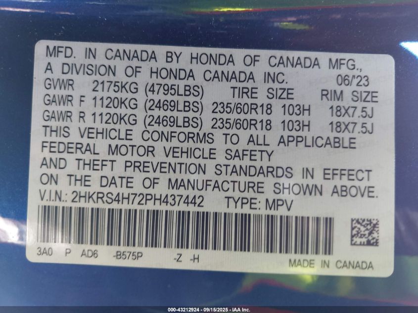 2023 Honda Cr-V Ex-L Awd VIN: 2HKRS4H72PH437442 Lot: 43212924