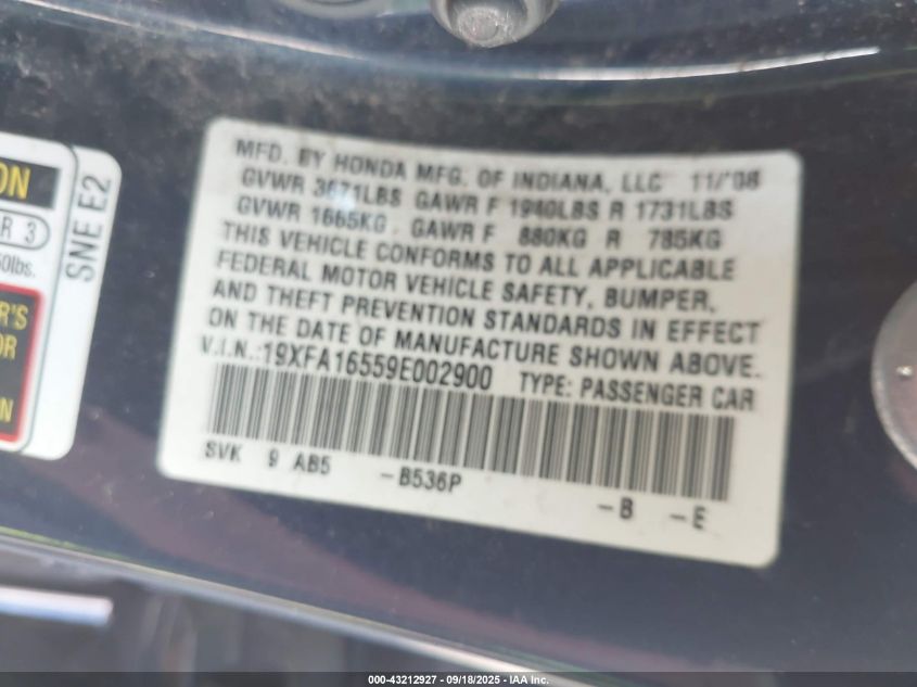 2009 Honda Civic Lx VIN: 19XFA16559E002900 Lot: 43212927