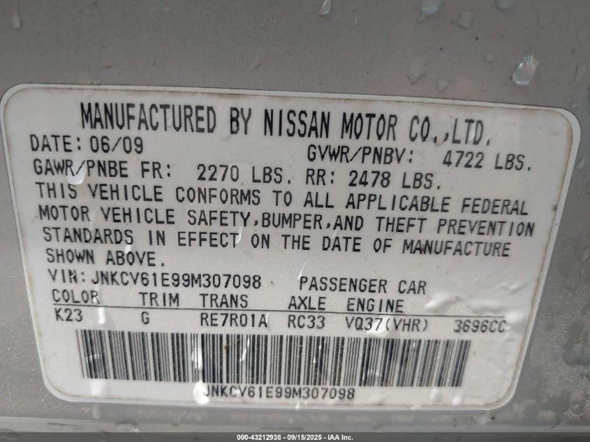2009 Infiniti G37 Journey VIN: JNKCV61E99M307098 Lot: 43212938