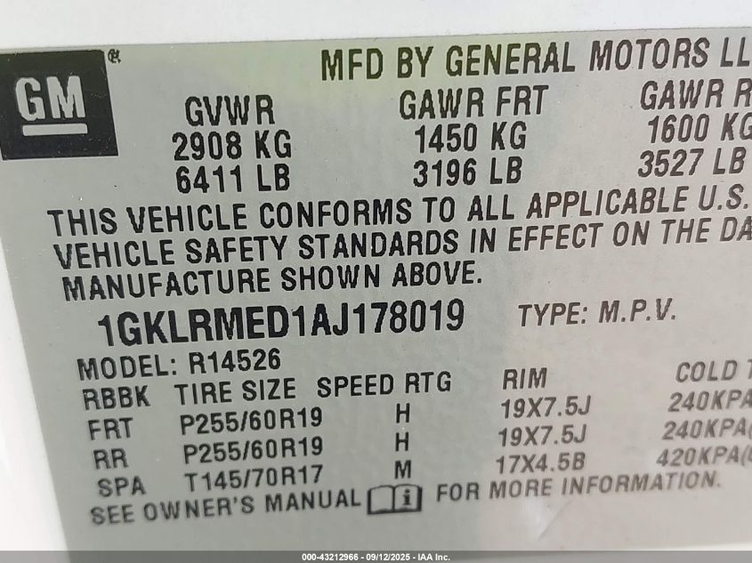 2010 GMC Acadia Slt-1 VIN: 1GKLRMEDIAJ178019 Lot: 43212966
