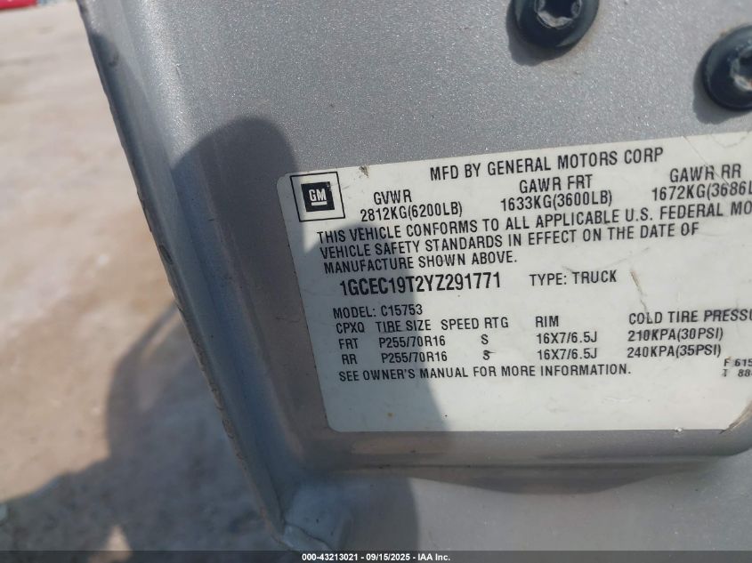 2000 Chevrolet Silverado 1500 Ls VIN: 1GCEC19T2YZ291771 Lot: 43213021