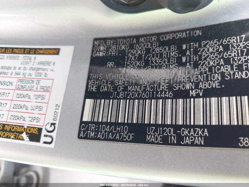 2006 Lexus Gx 470 VIN: JTJBT20X760114446 Lot: 43213037